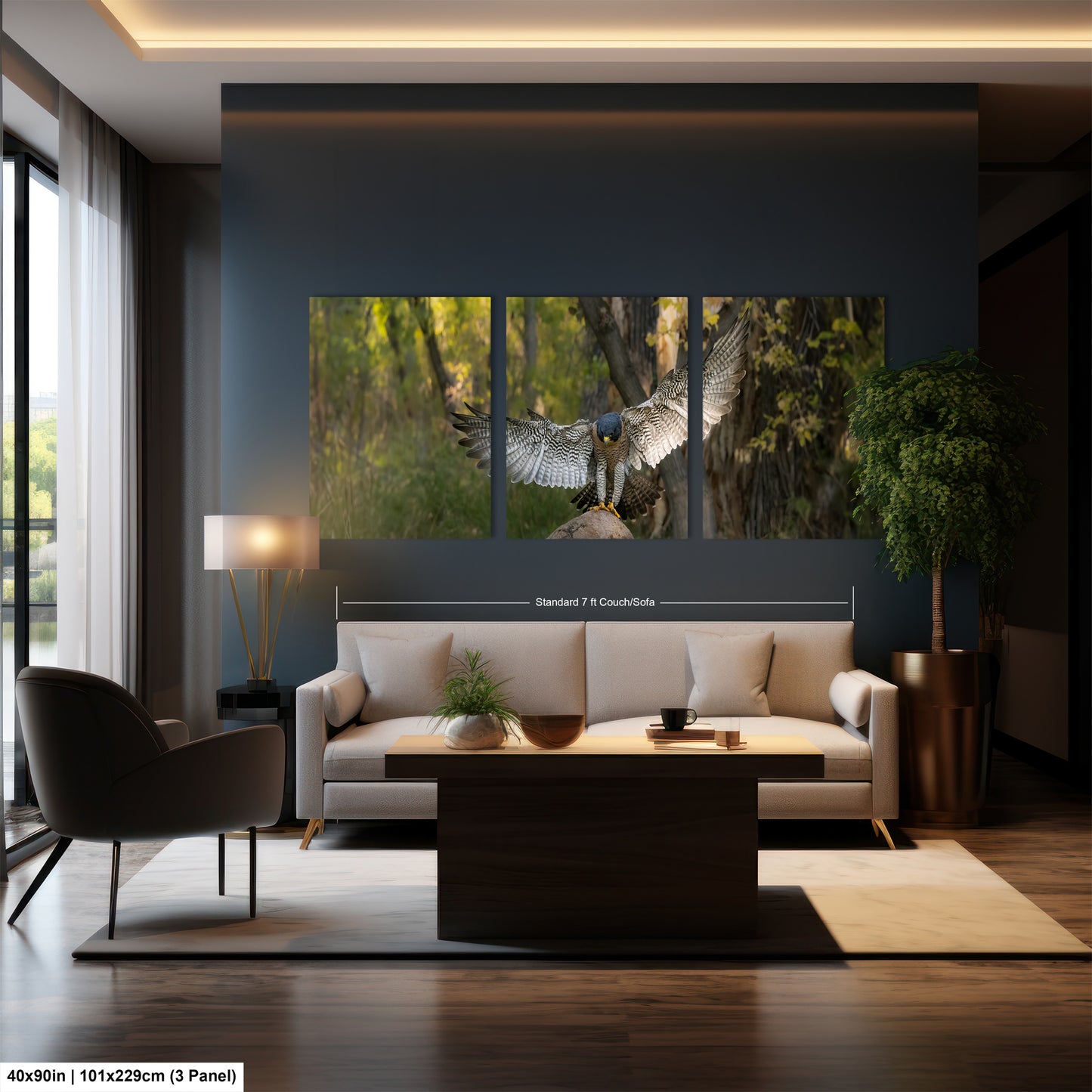 The image is a modern living room with a large wall-mounted painting depicting a bird in flight. The room is furnished with a sofa, chair, and coffee table, creating a comfortable and stylish space.