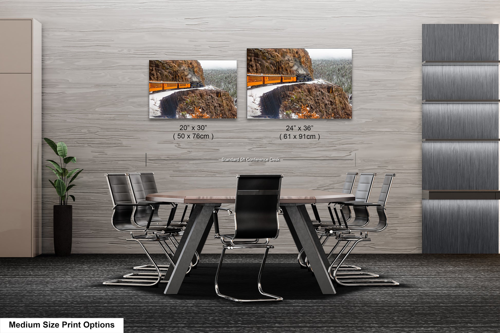 a dining room table with chairs and a picture of a waterfall
