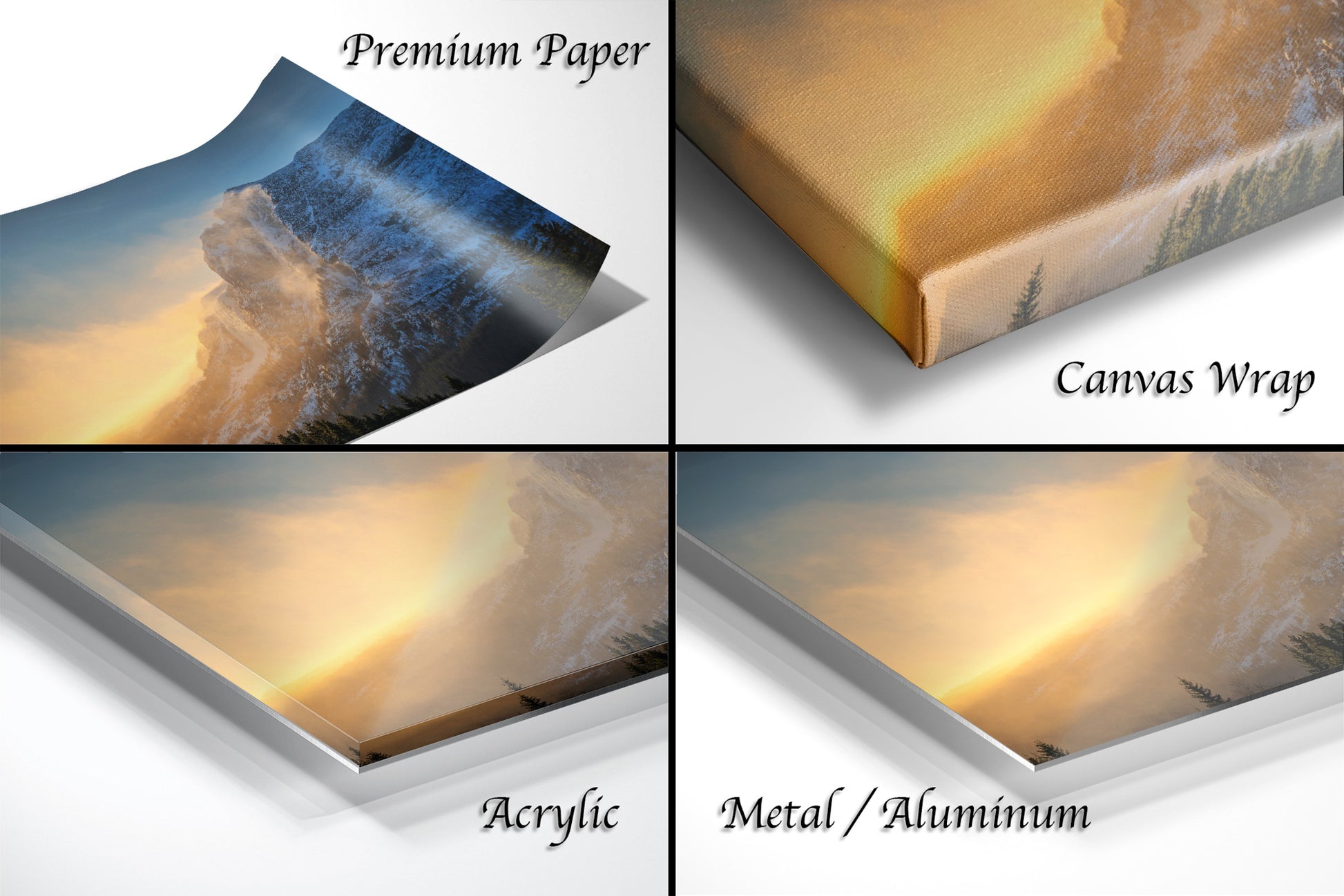 a series of four photos of a mountain with a sunset