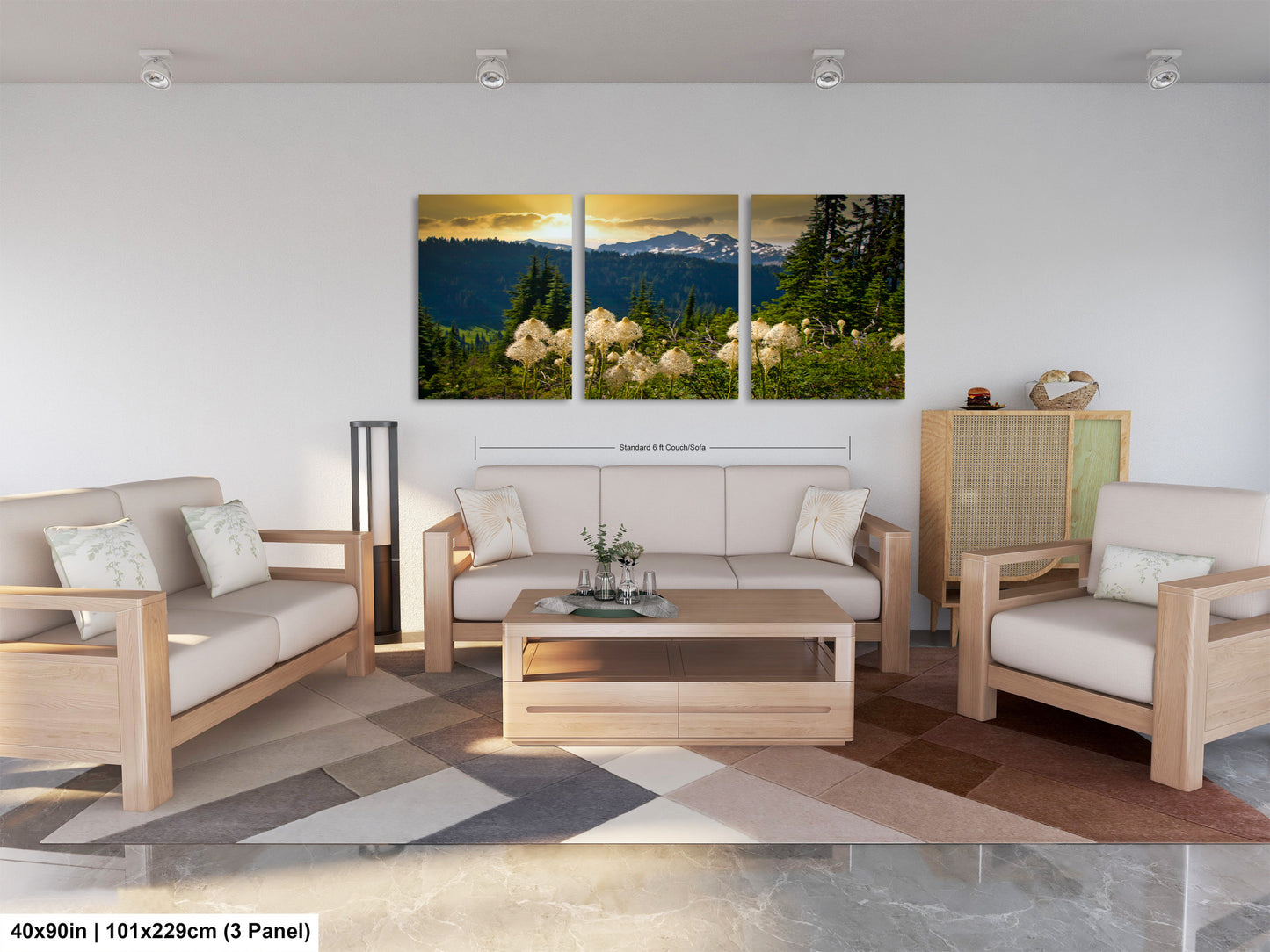 a living room filled with furniture and a painting on the wall