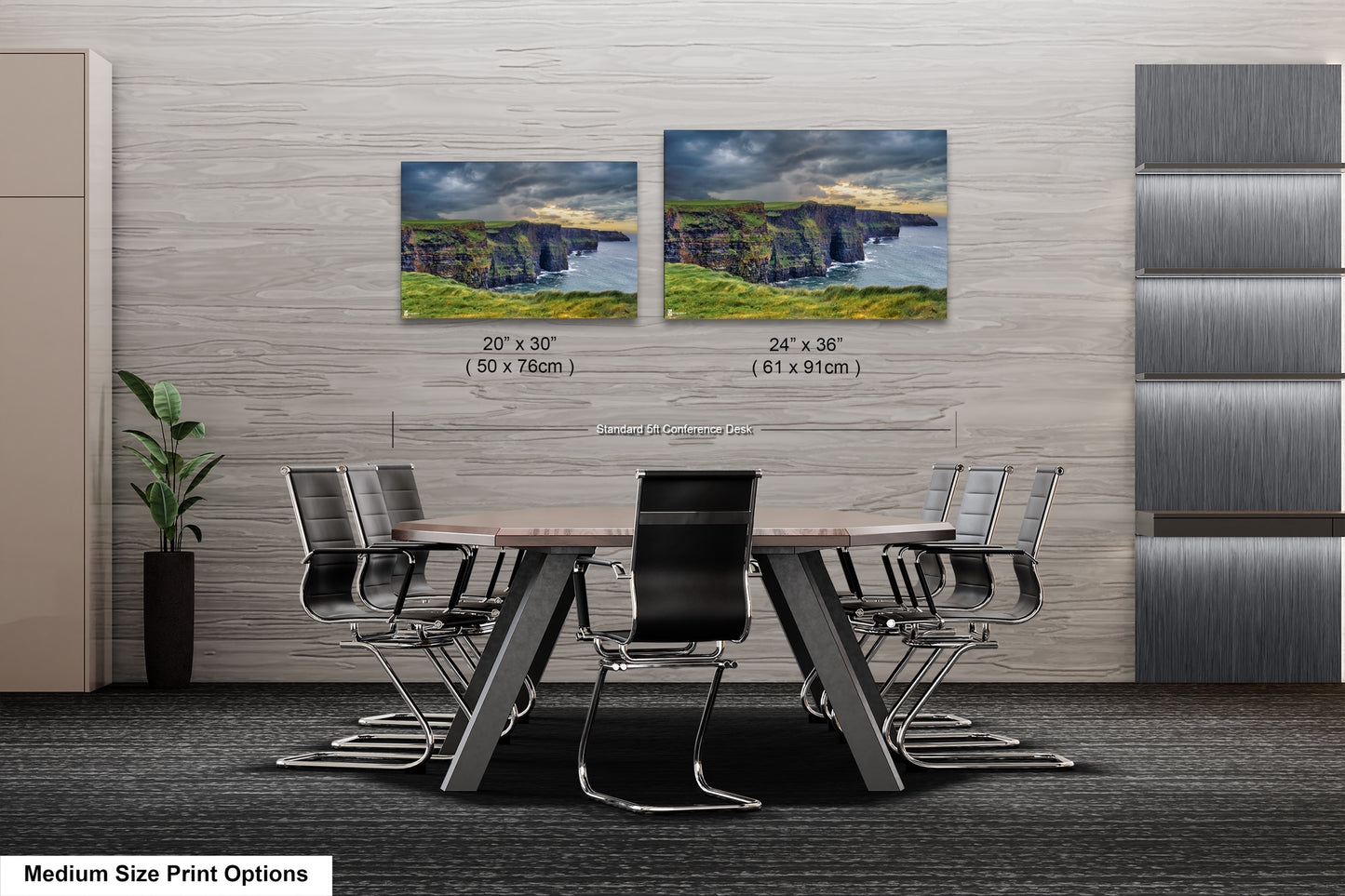 a dining room table with chairs and two pictures on the wall