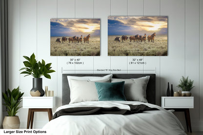 a bedroom with two pictures of horses on the wall