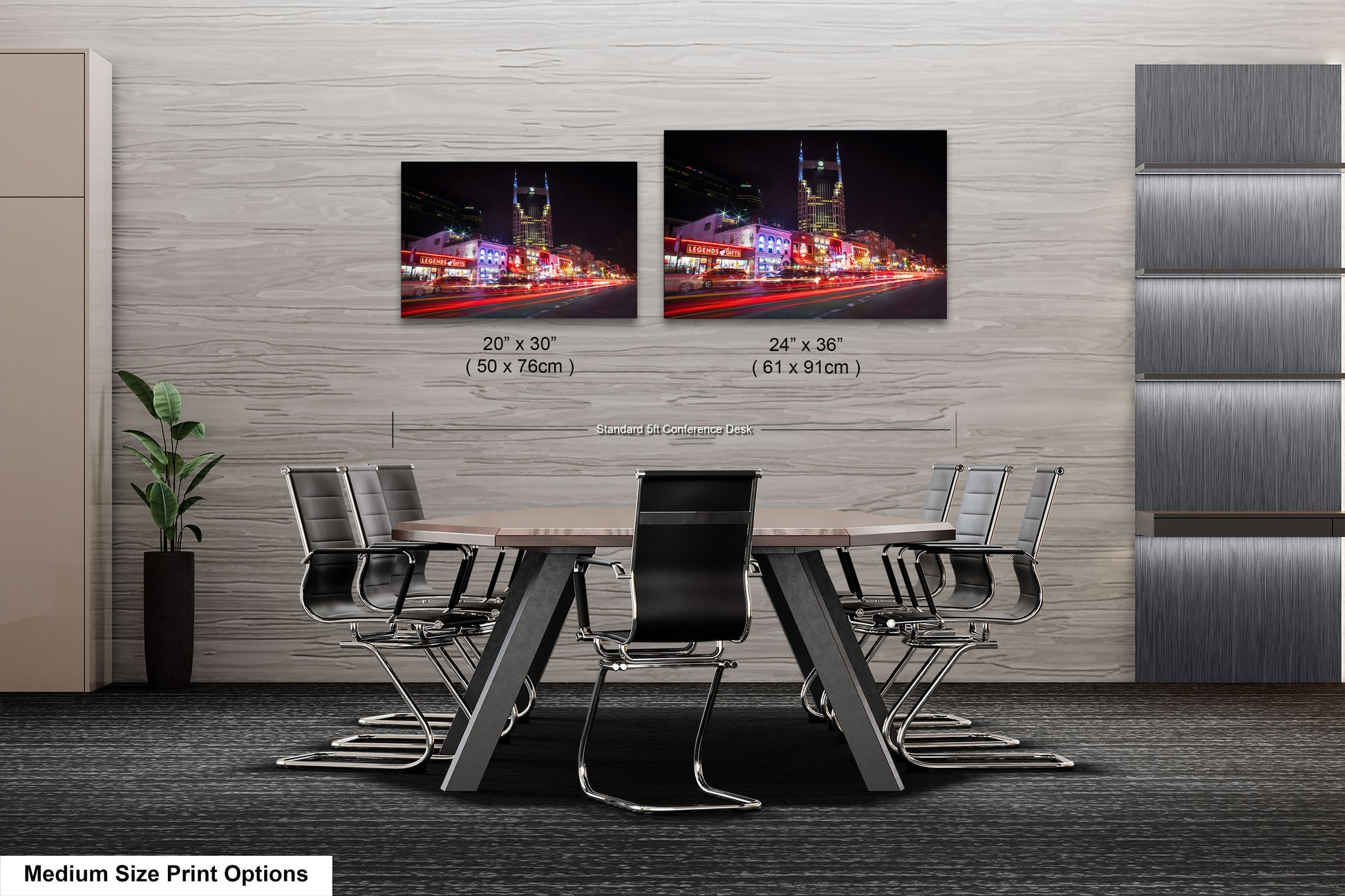 two pictures of a city at night with a table and chairs