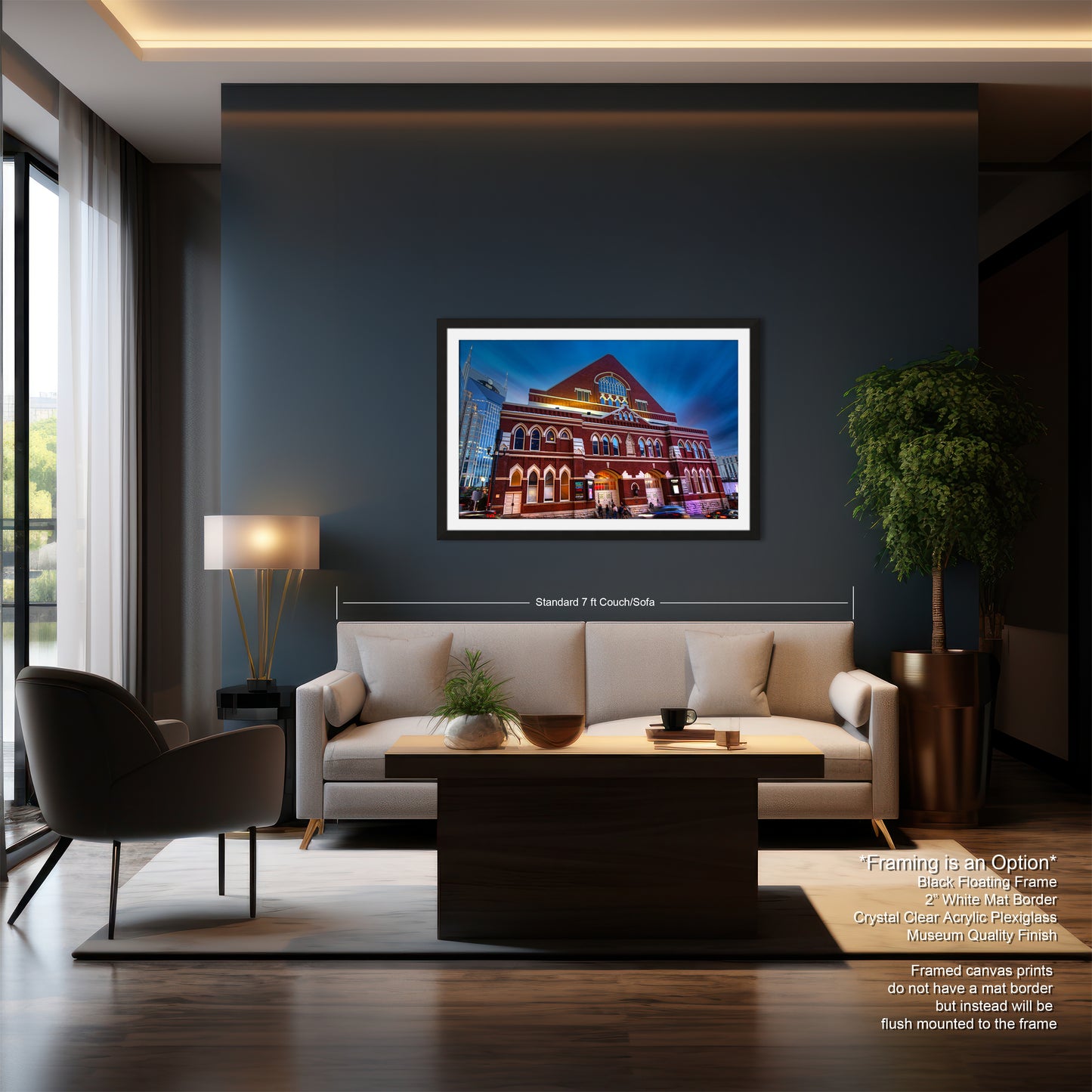 a living room with a couch a chair and a painting on the wall