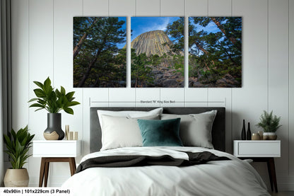 a bedroom with a bed and two paintings on the wall