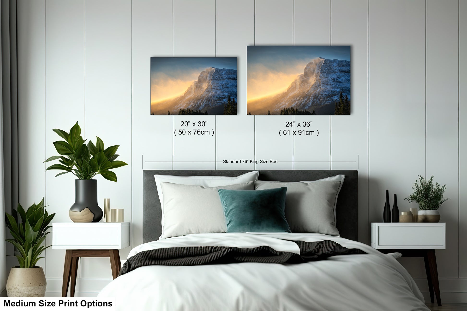 a bedroom with a bed and two pictures on the wall