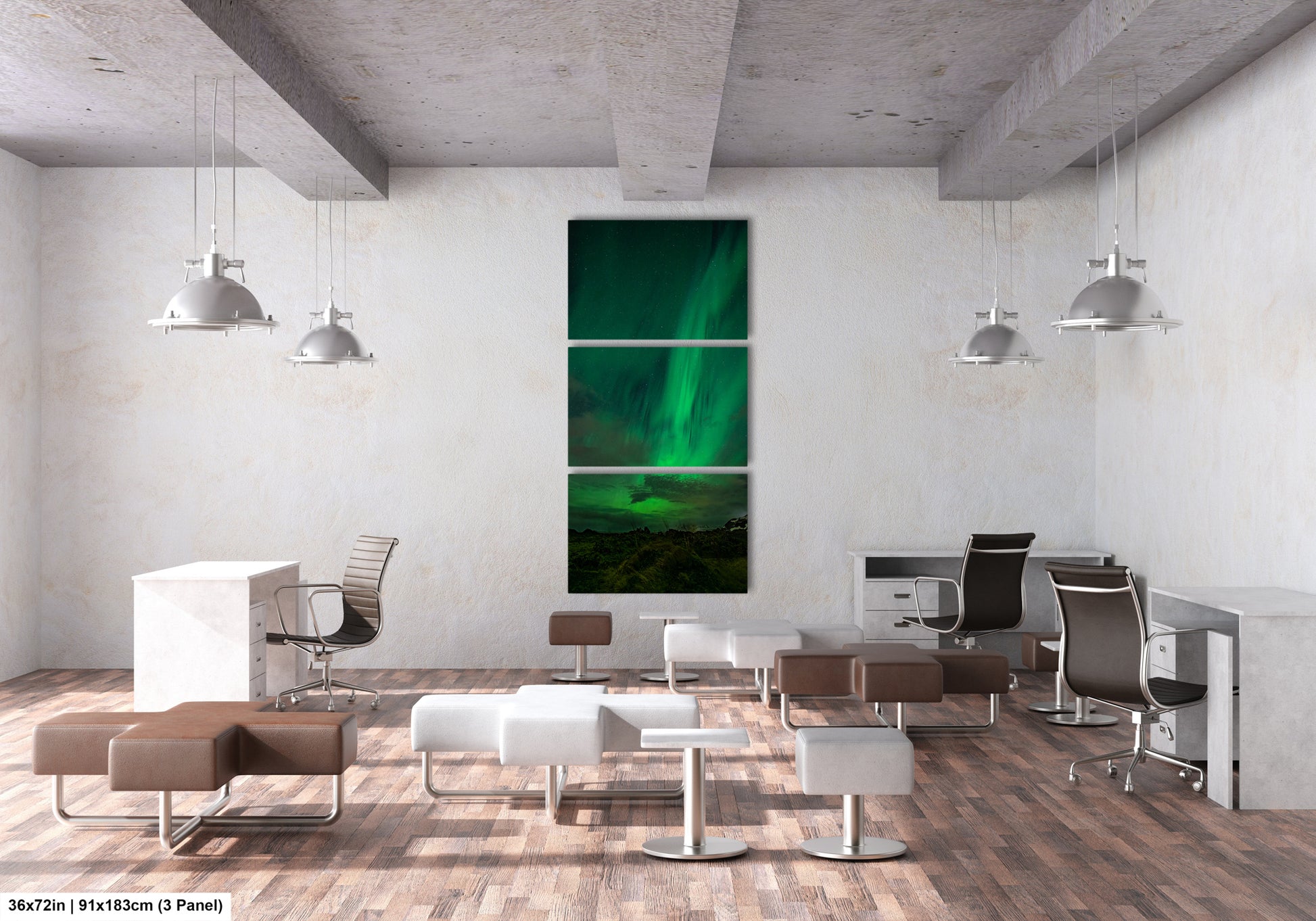 a modern, minimalist office space with a large window that showcases a stunning display of the Aurora Borealis, or Northern Lights. The room is furnished with various seating options, including chairs and ottomans, arranged around a central focal point. The overall design and decor create a serene and tranquil atmosphere, ideal for a workspace or relaxation area.