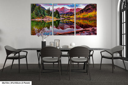 a dining room table with chairs and a painting on the wall