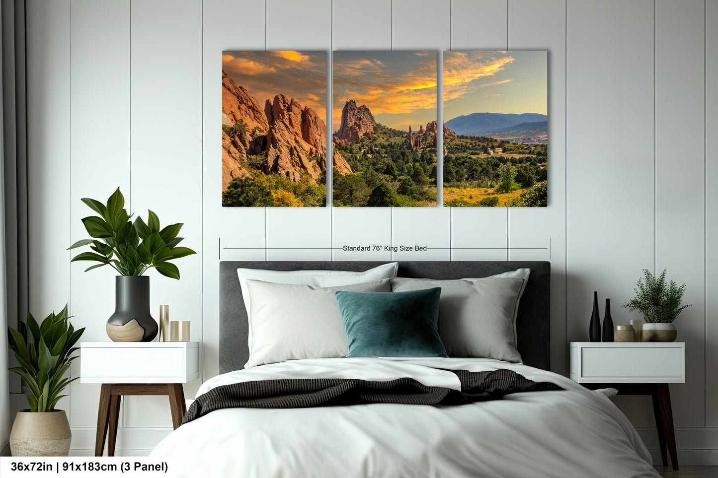 a bedroom scene with a bed and two paintings on the wall