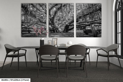 a black and white photo of a dining room table