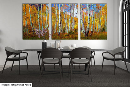 a dining room table with four chairs and a painting on the wall