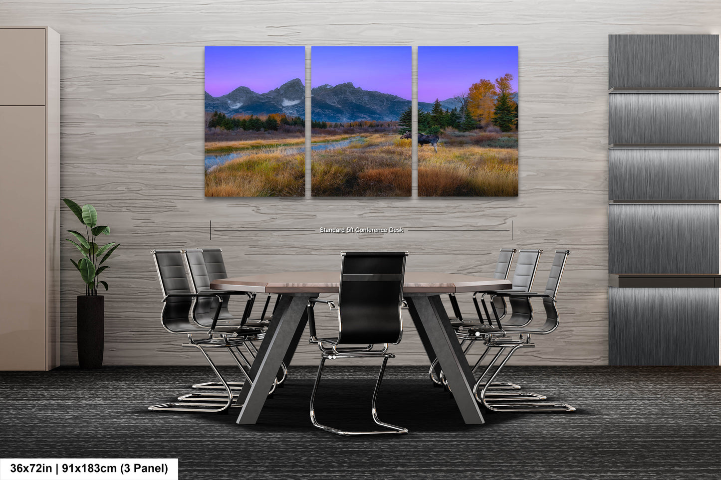 a dining room table with chairs and a painting on the wall
