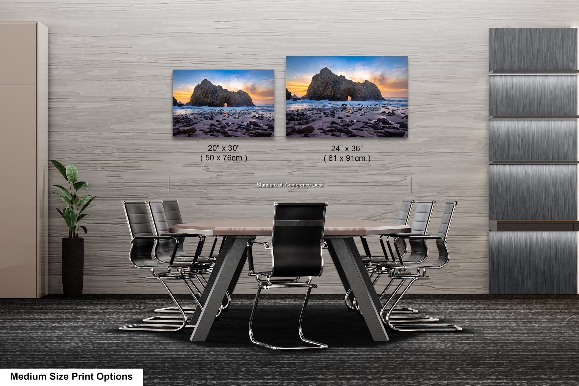 a dining room table with chairs and two pictures on the wall