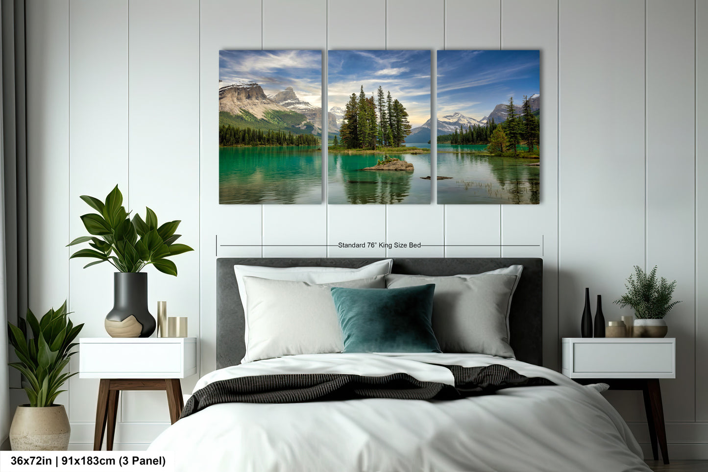 a bedroom scene with a bed and two paintings on the wall