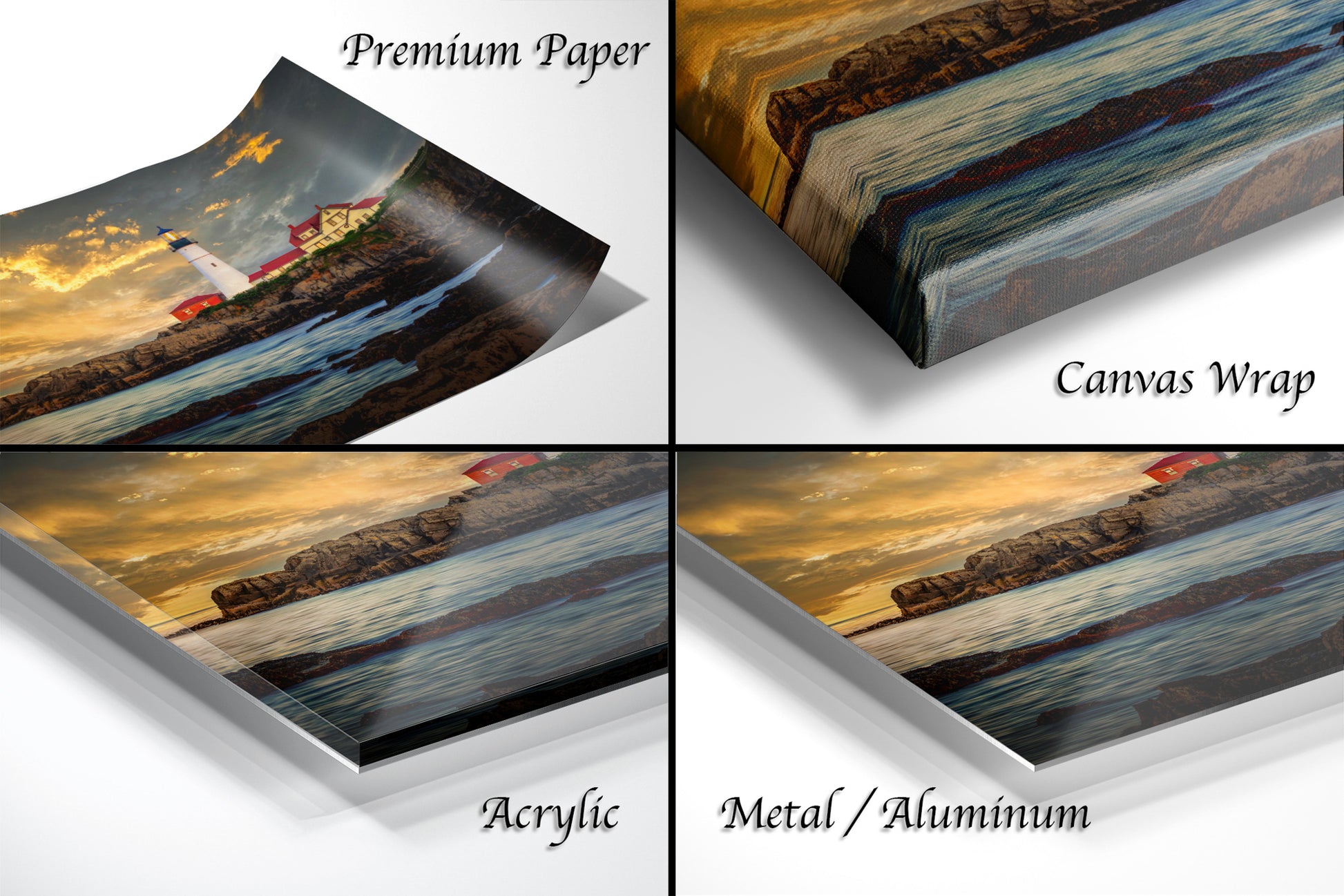 a series of four images of a lighthouse