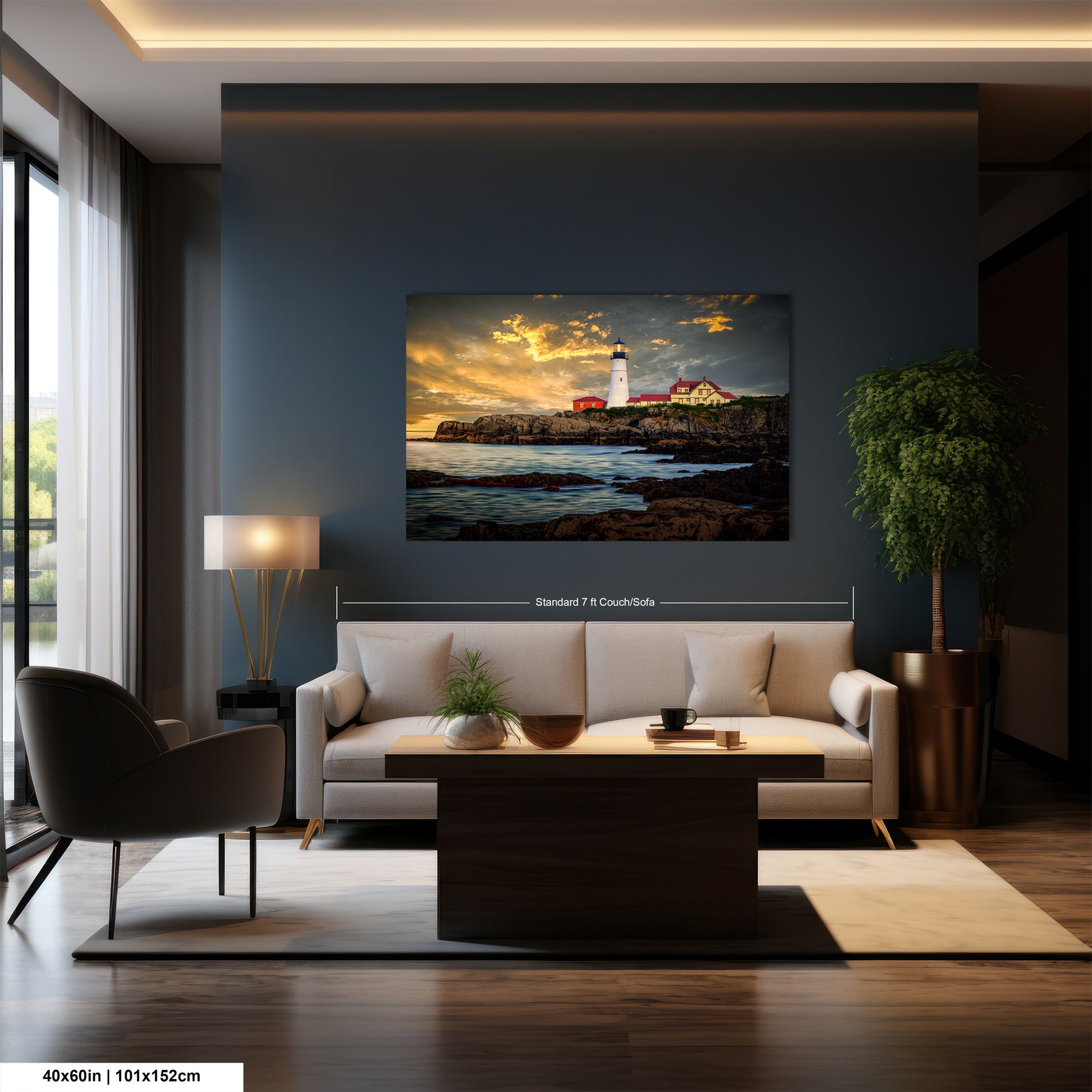 a living room with a painting of a lighthouse on the wall