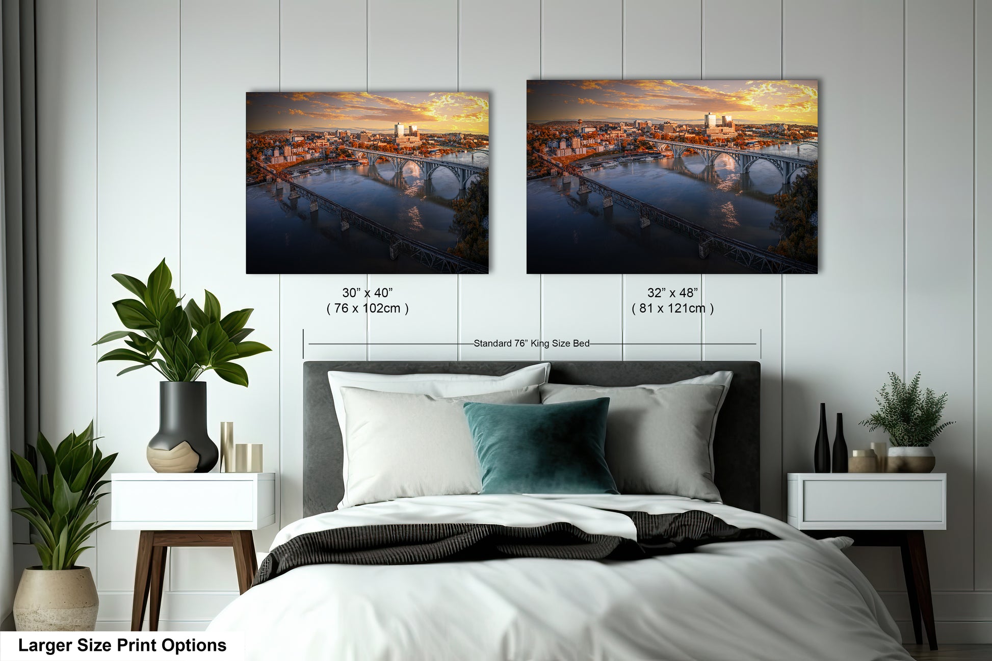 a bedroom with a bed and two pictures on the wall