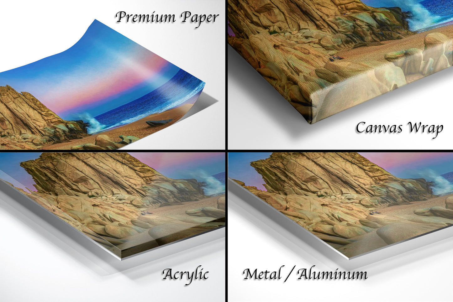 a series of four images of a rocky landscape