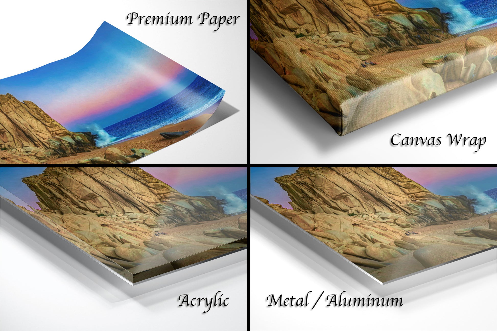 a series of four images of a rocky landscape