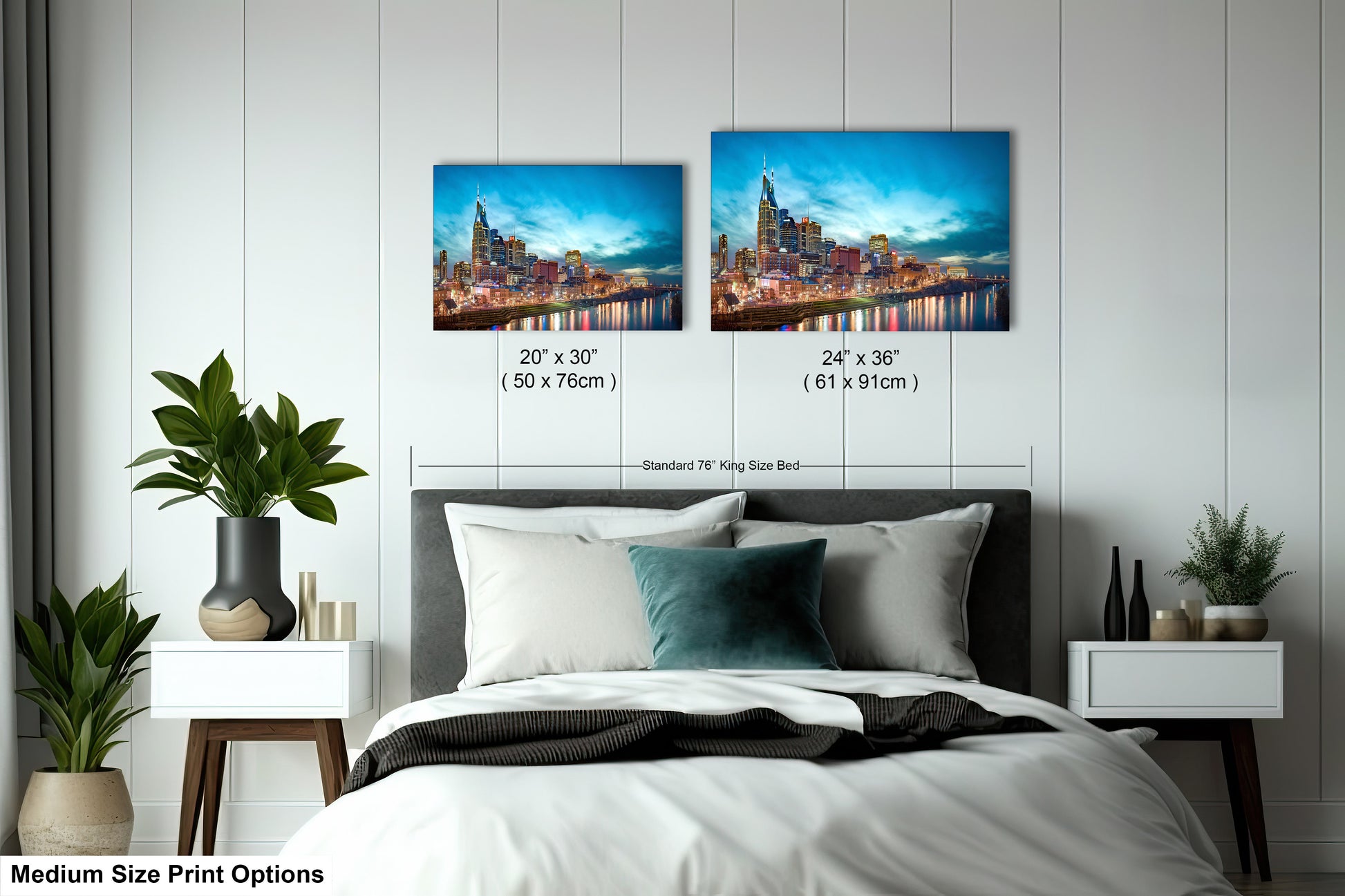 a bedroom with a bed and two pictures on the wall