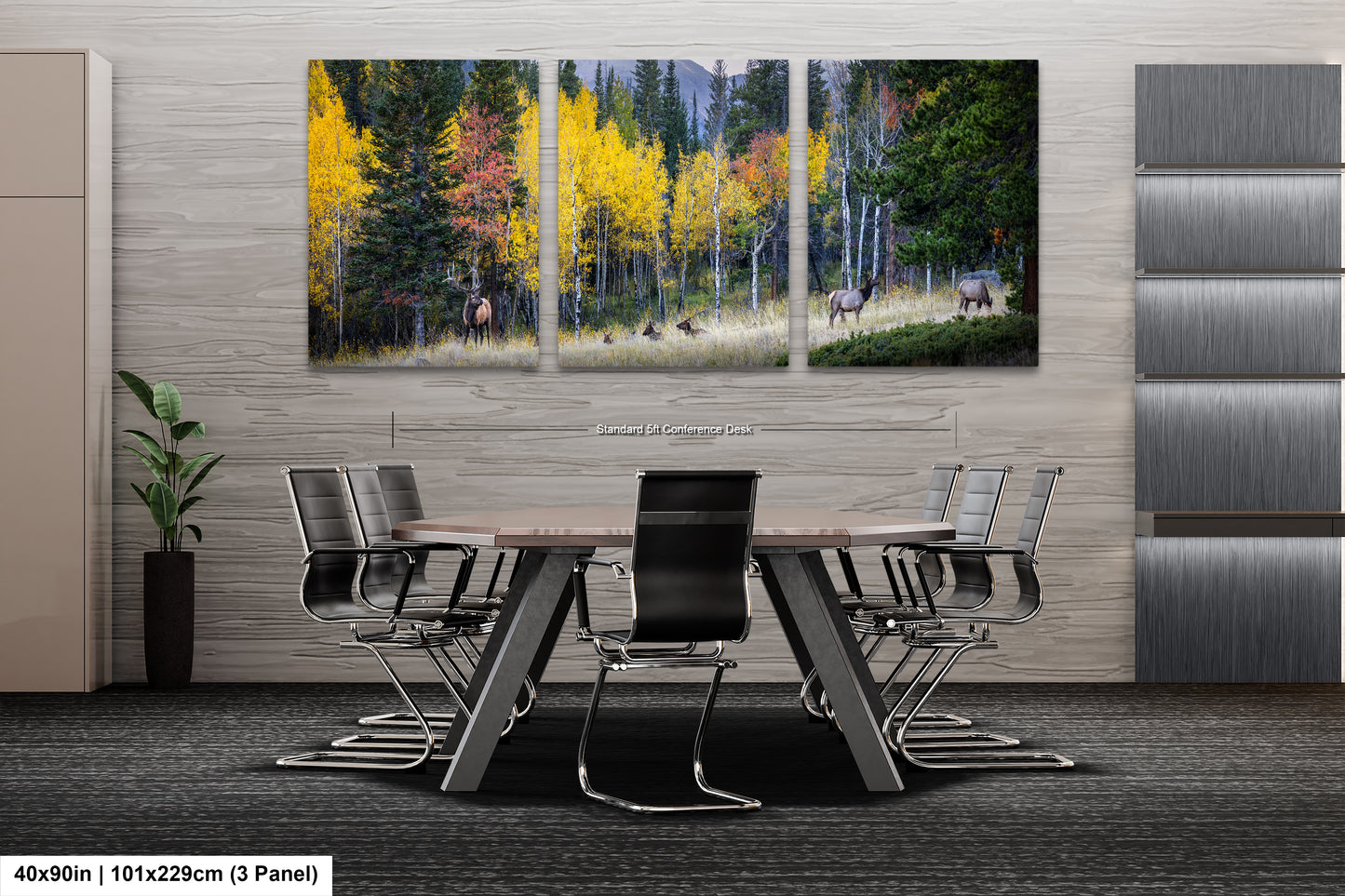 a dining room table with chairs and a painting on the wall
