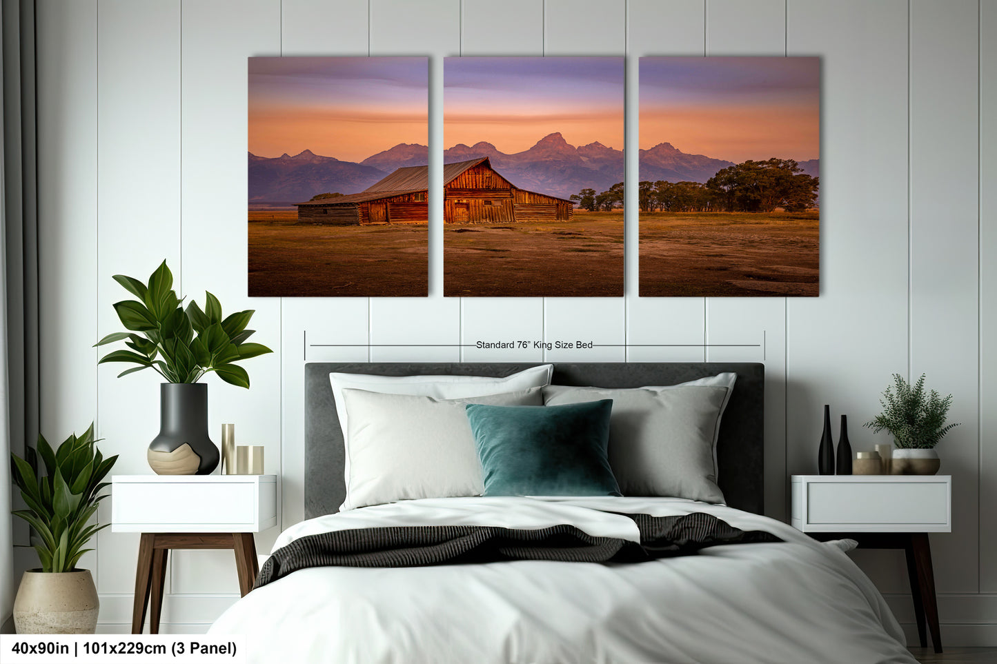 a bed room with a neatly made bed and two pictures on the wall