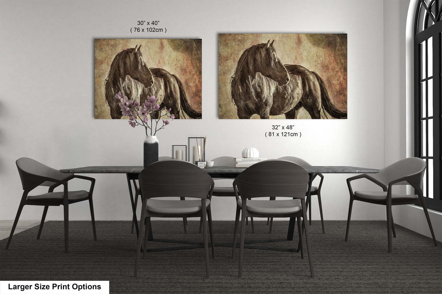 a dining room table with four chairs and a painting of a horse on the wall