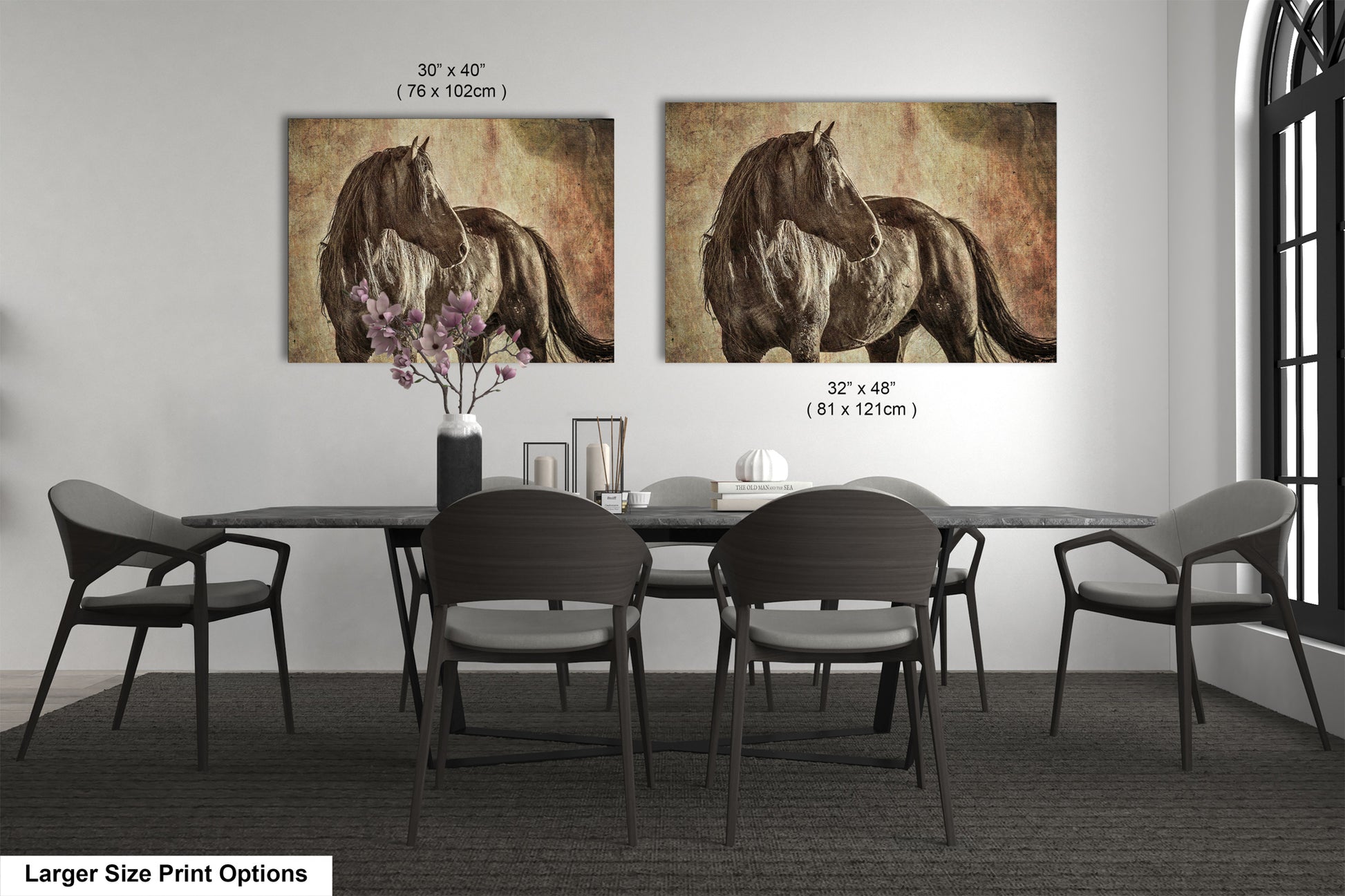 a dining room table with four chairs and a painting of a horse on the wall