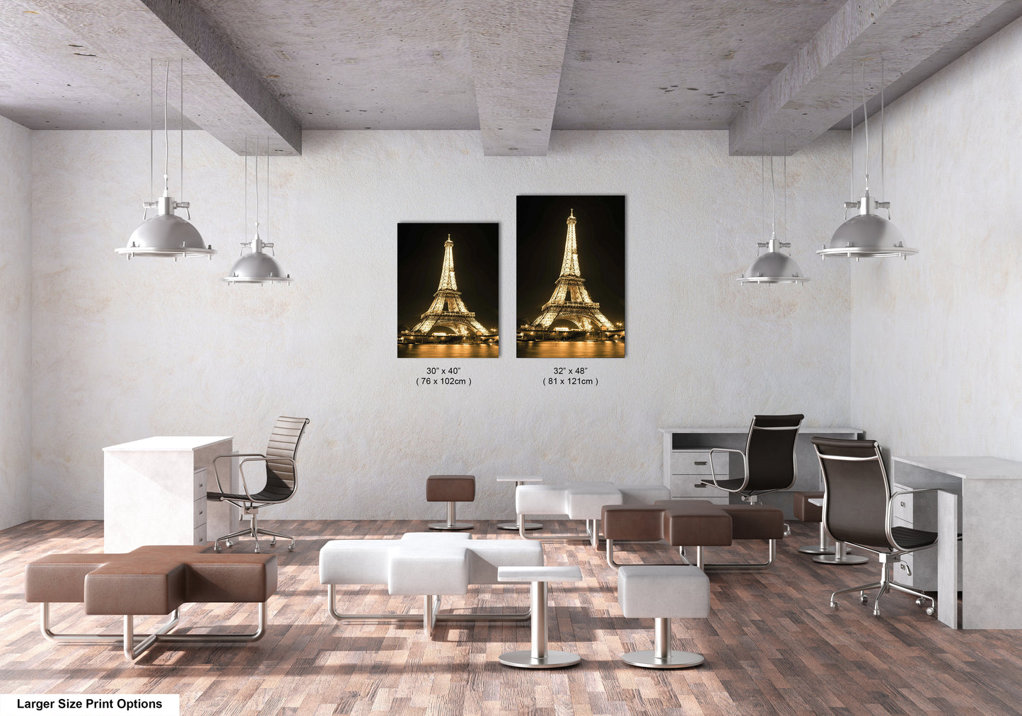 a room with two pictures of the eiffel tower