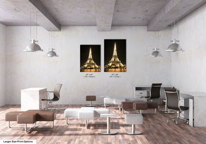 a room with two pictures of the eiffel tower