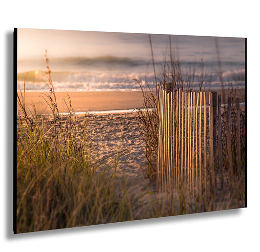 a picture of a beach with grass and a fence