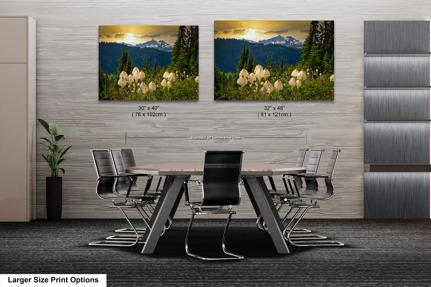 a dining room table with chairs and two pictures on the wall