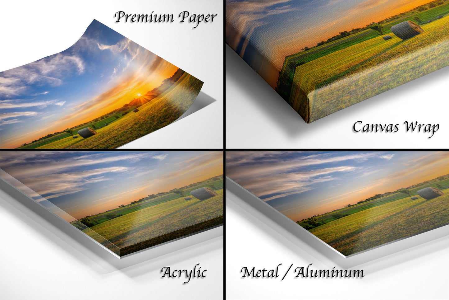 a series of four photos of a field with hay bales