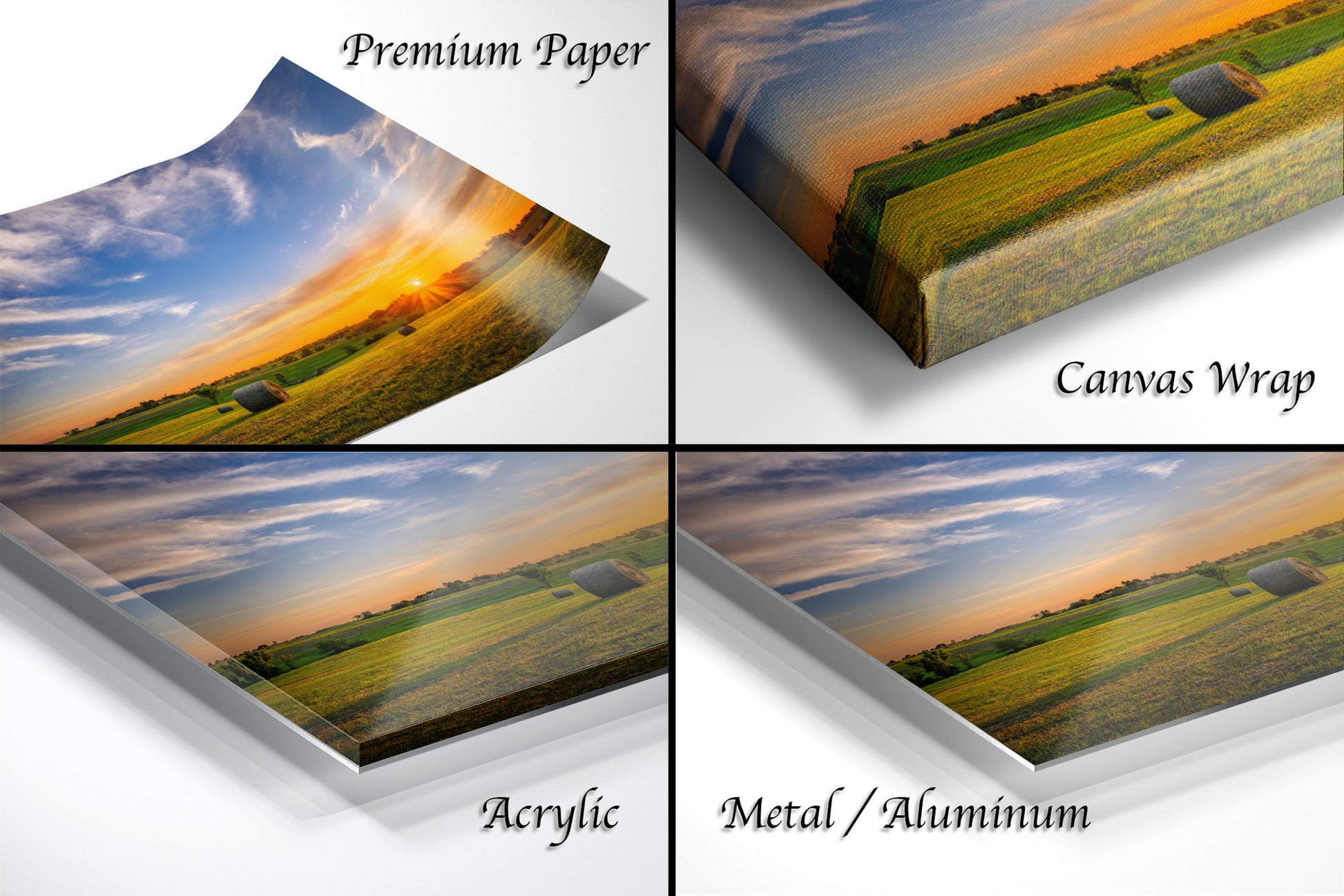 a series of four photos of a field with hay bales