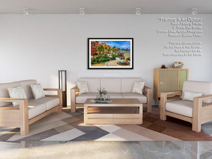 a living room filled with furniture and a painting on the wall