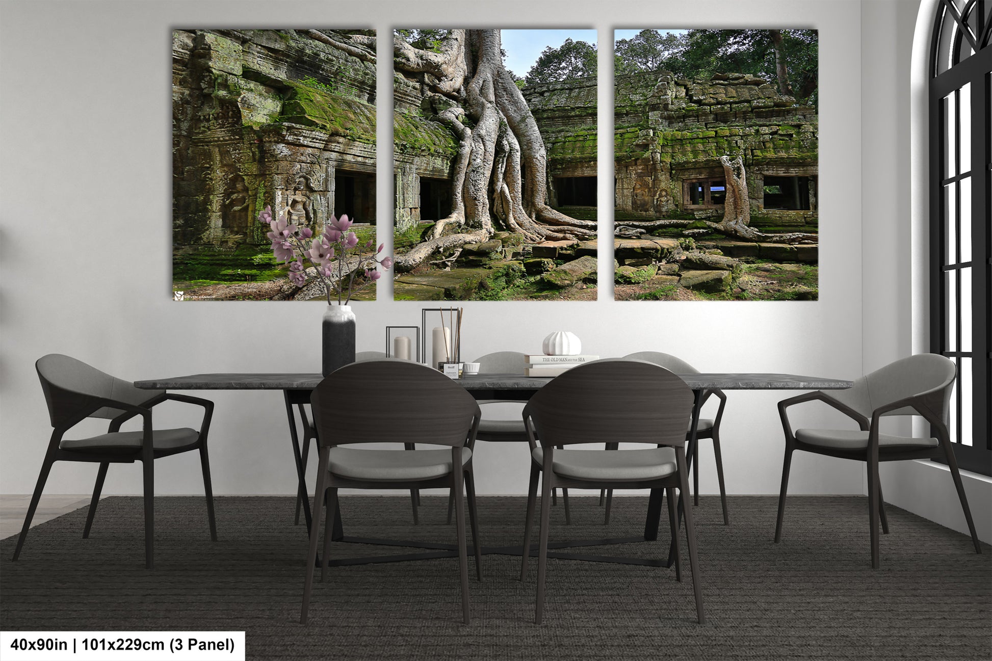 a dining room with a table and chairs