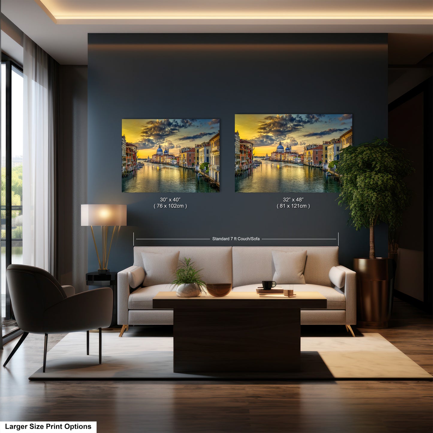 a living room filled with furniture and a painting on the wall