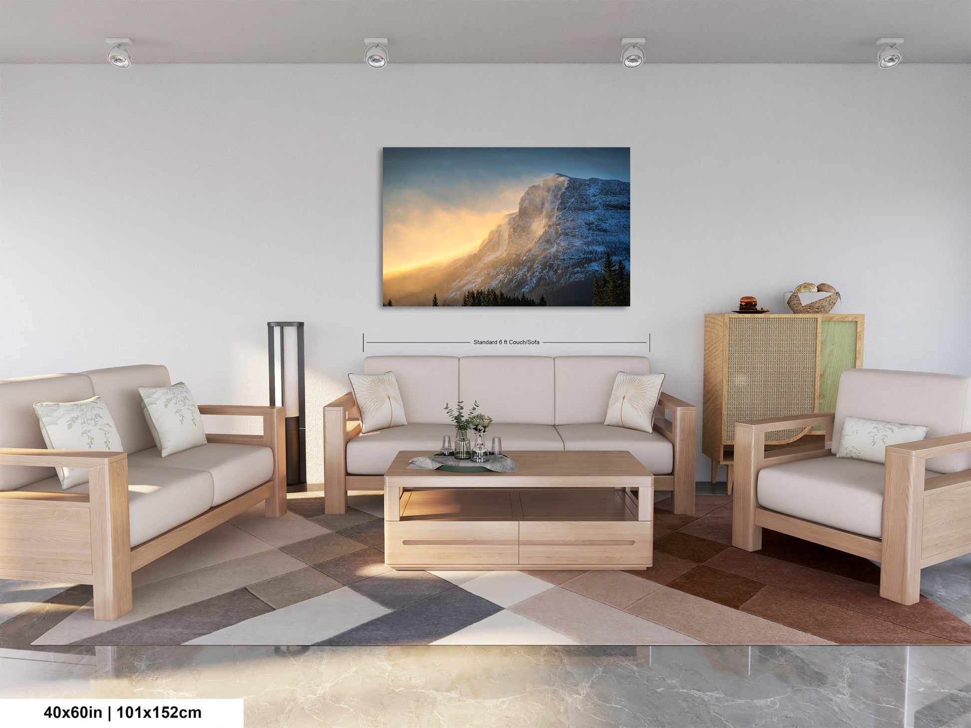 a living room filled with furniture and a painting on the wall