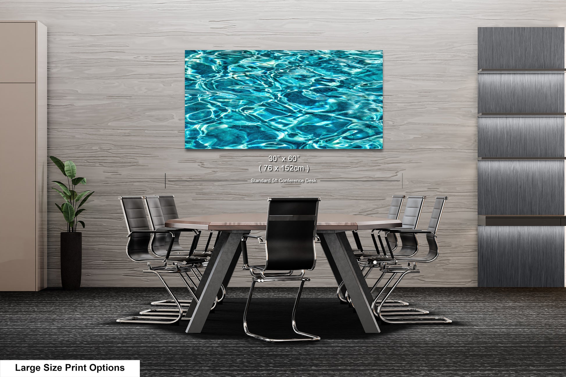 A modern office space with a large, square-shaped photograph of a swimming pool on the wall, surrounded by a wooden table and chairs.