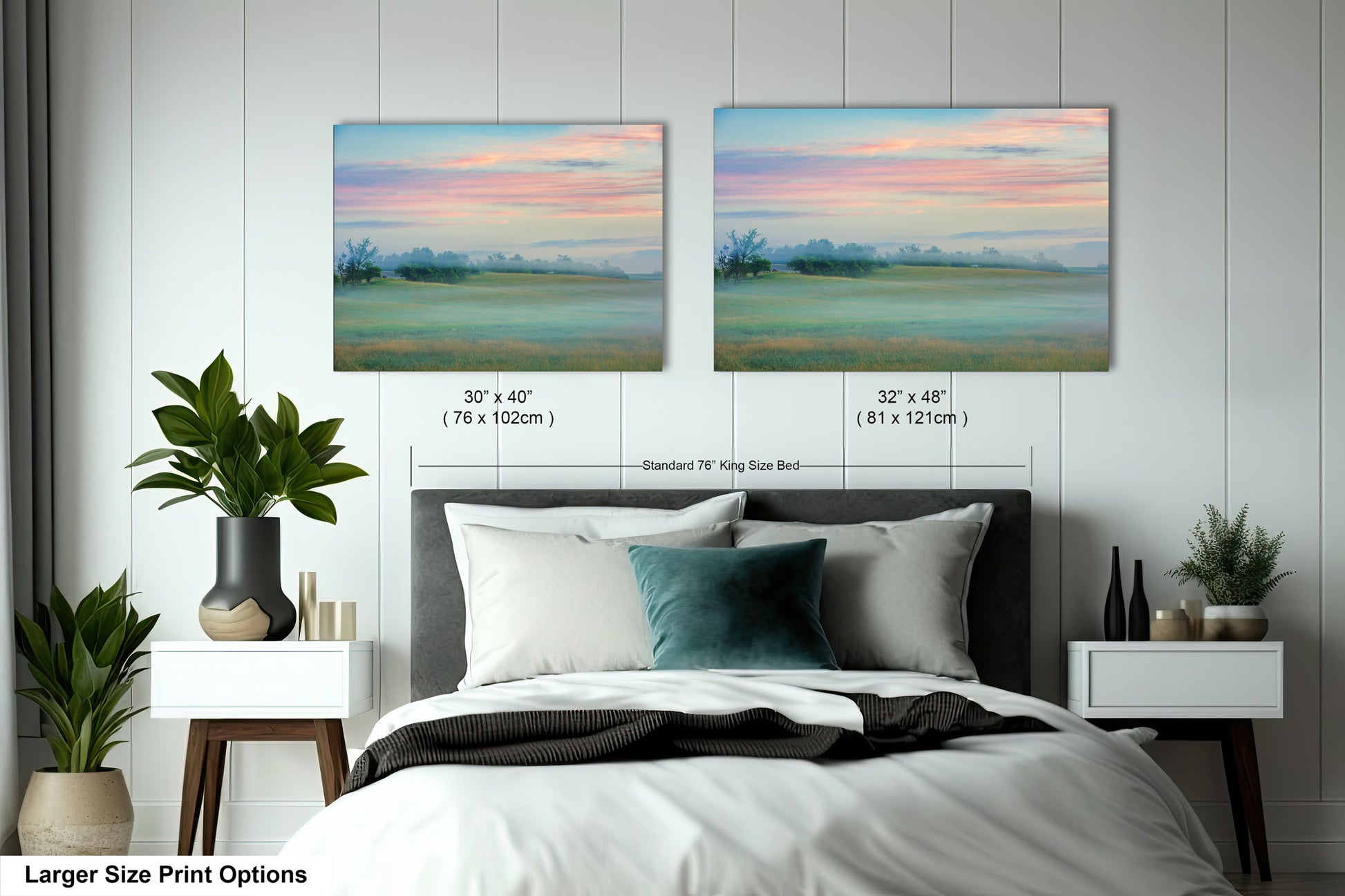 a bedroom with a bed and two paintings on the wall