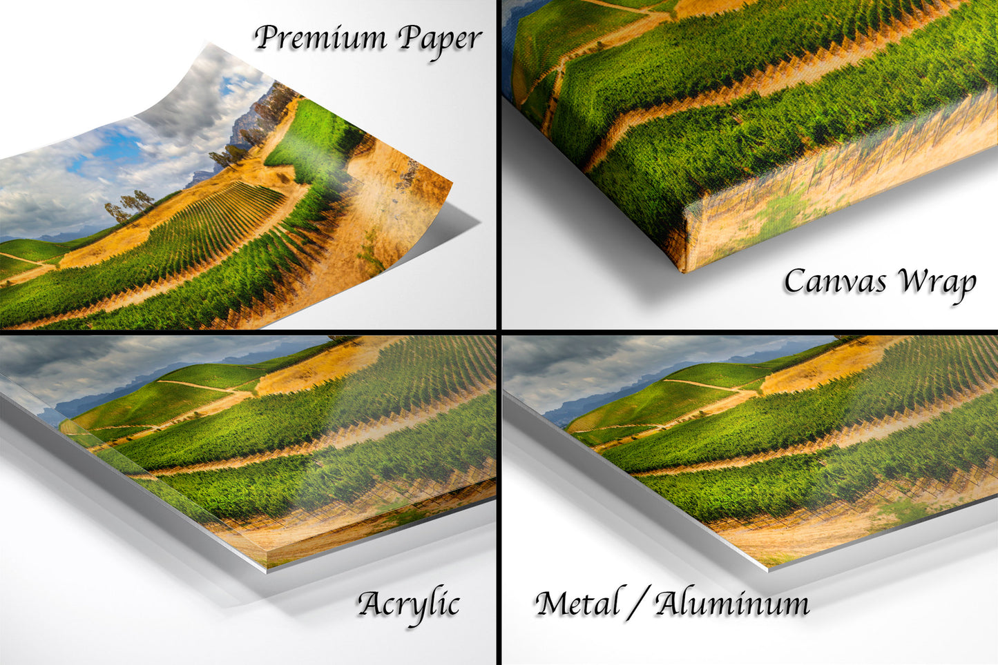 a series of four photos of a green field