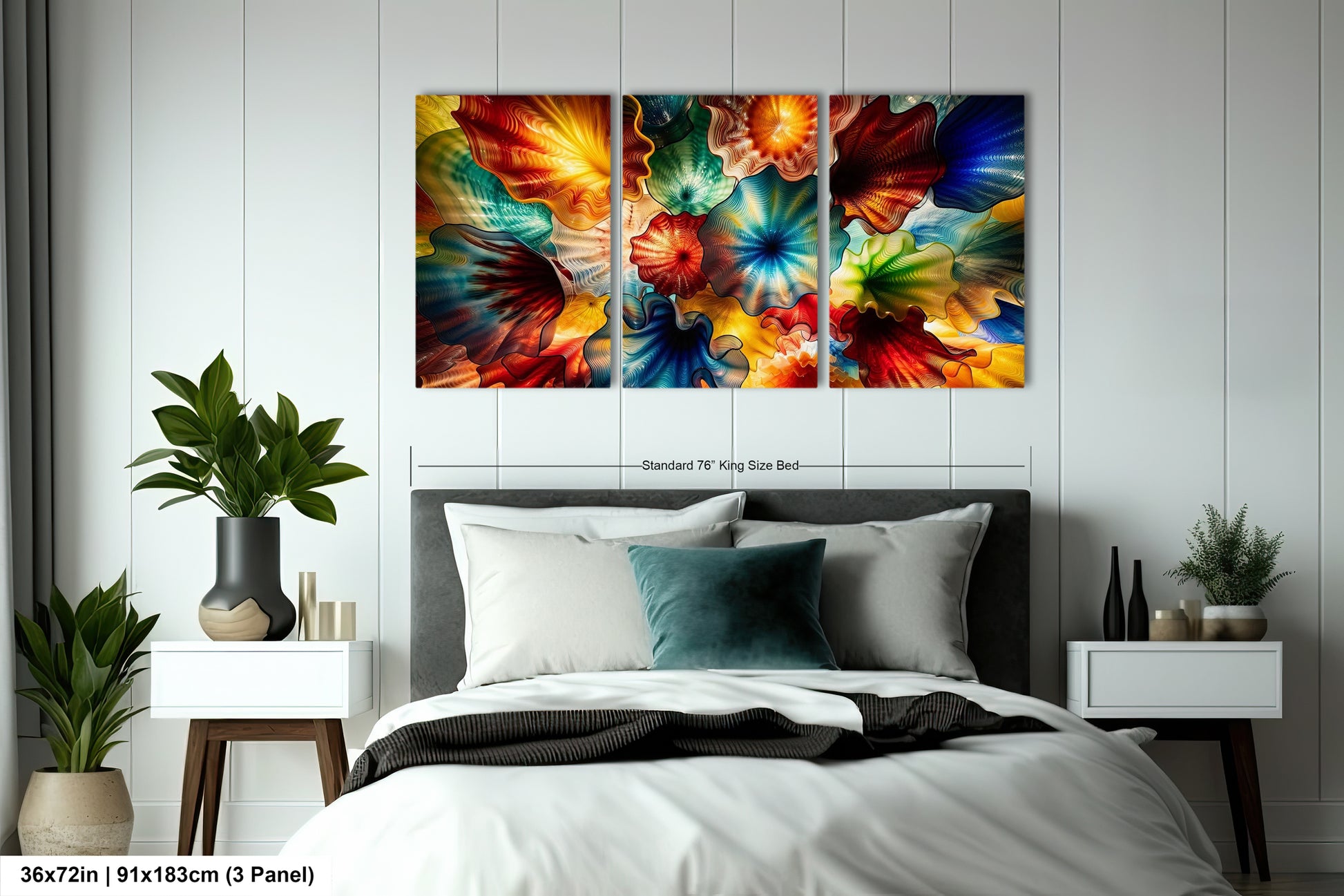 A modern bedroom with a large, colorful abstract painting hanging on the wall above a bed. The painting features a vibrant display of flowers in various colors and shapes. The room also includes a nightstand on each side of the bed, with potted plants and other decorative items.