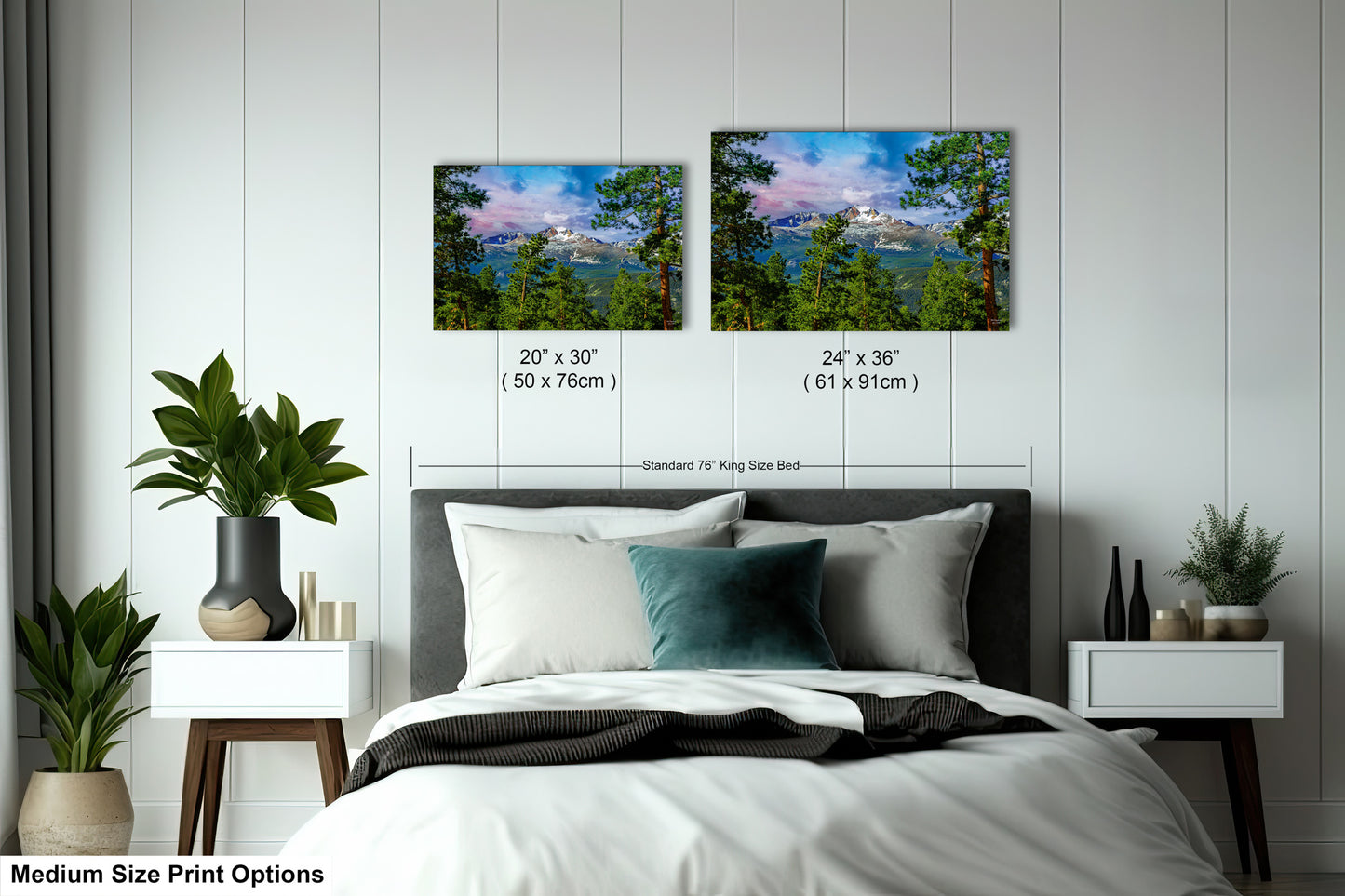 a bedroom with a bed and two pictures on the wall