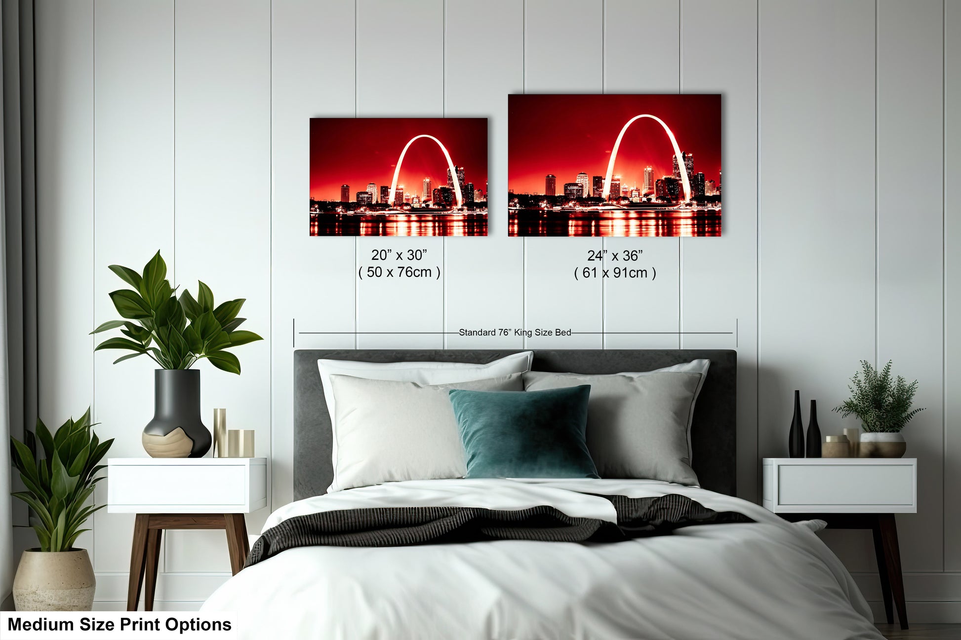 a bedroom with a bed and two pictures on the wall