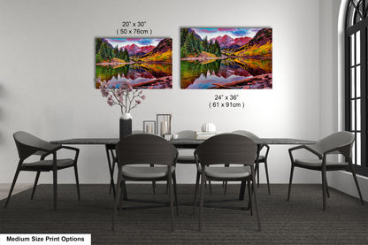 a dining room table with chairs and a painting on the wall
