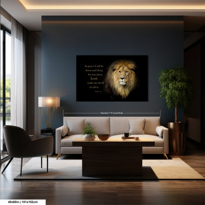 a living room filled with furniture and a painting of a lion
