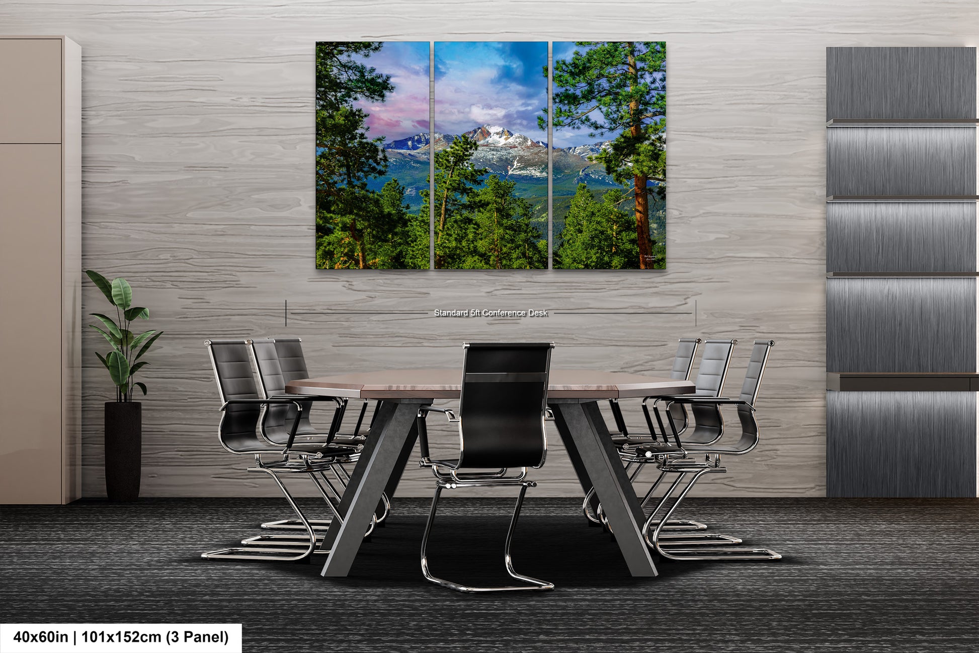 a dining room table with chairs and a painting on the wall