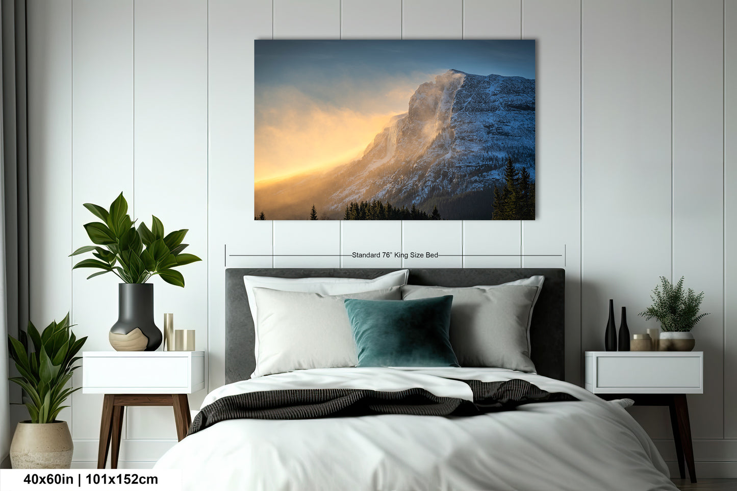 a bedroom with a bed and a painting on the wall