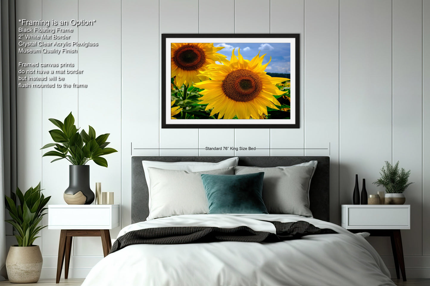 a picture of a sunflower in a bedroom