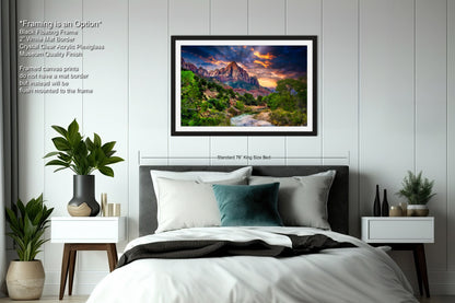 a bedroom with a large bed and a painting on the wall